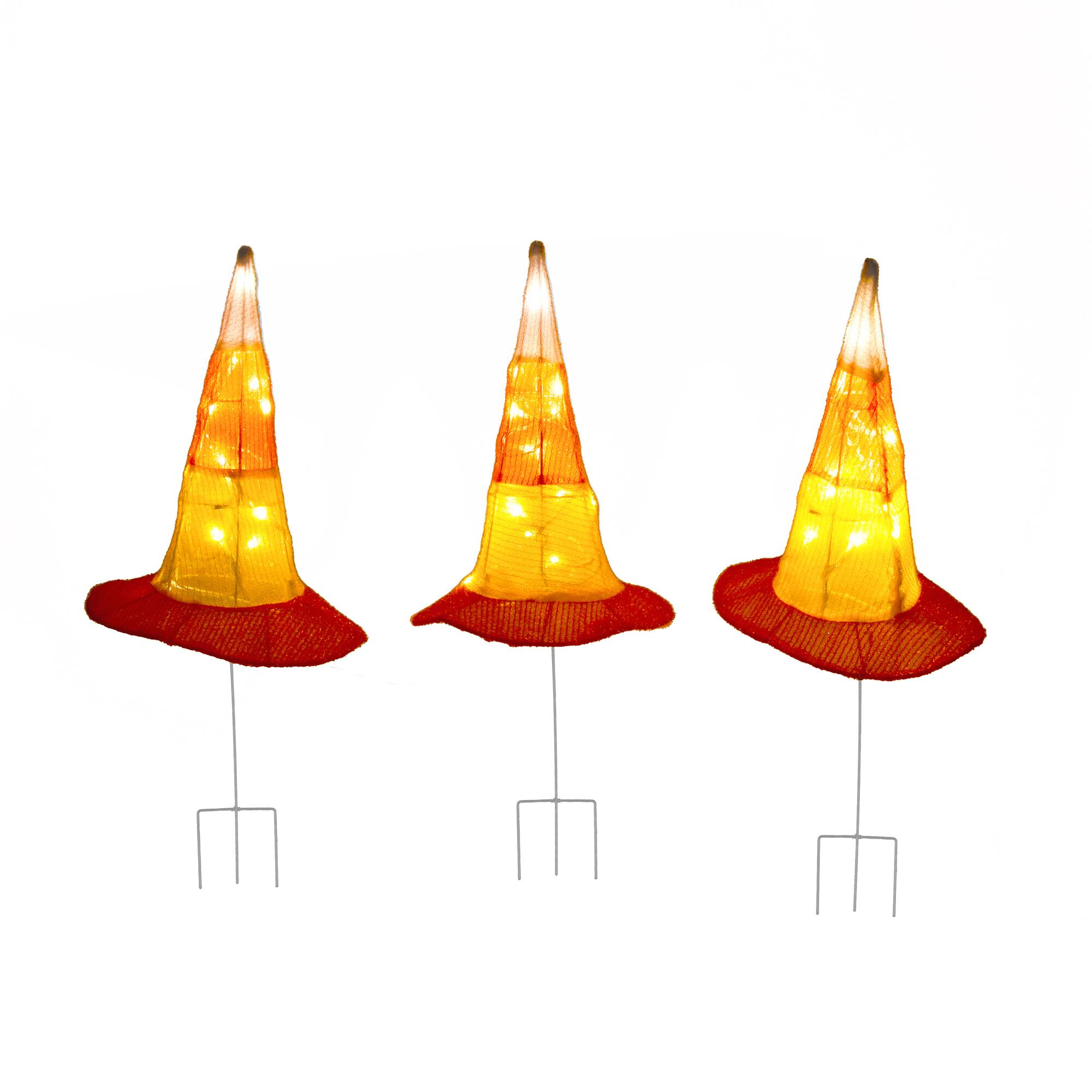 23" Pre-Lit Candy Corn Witch's Hat Garden Stakes